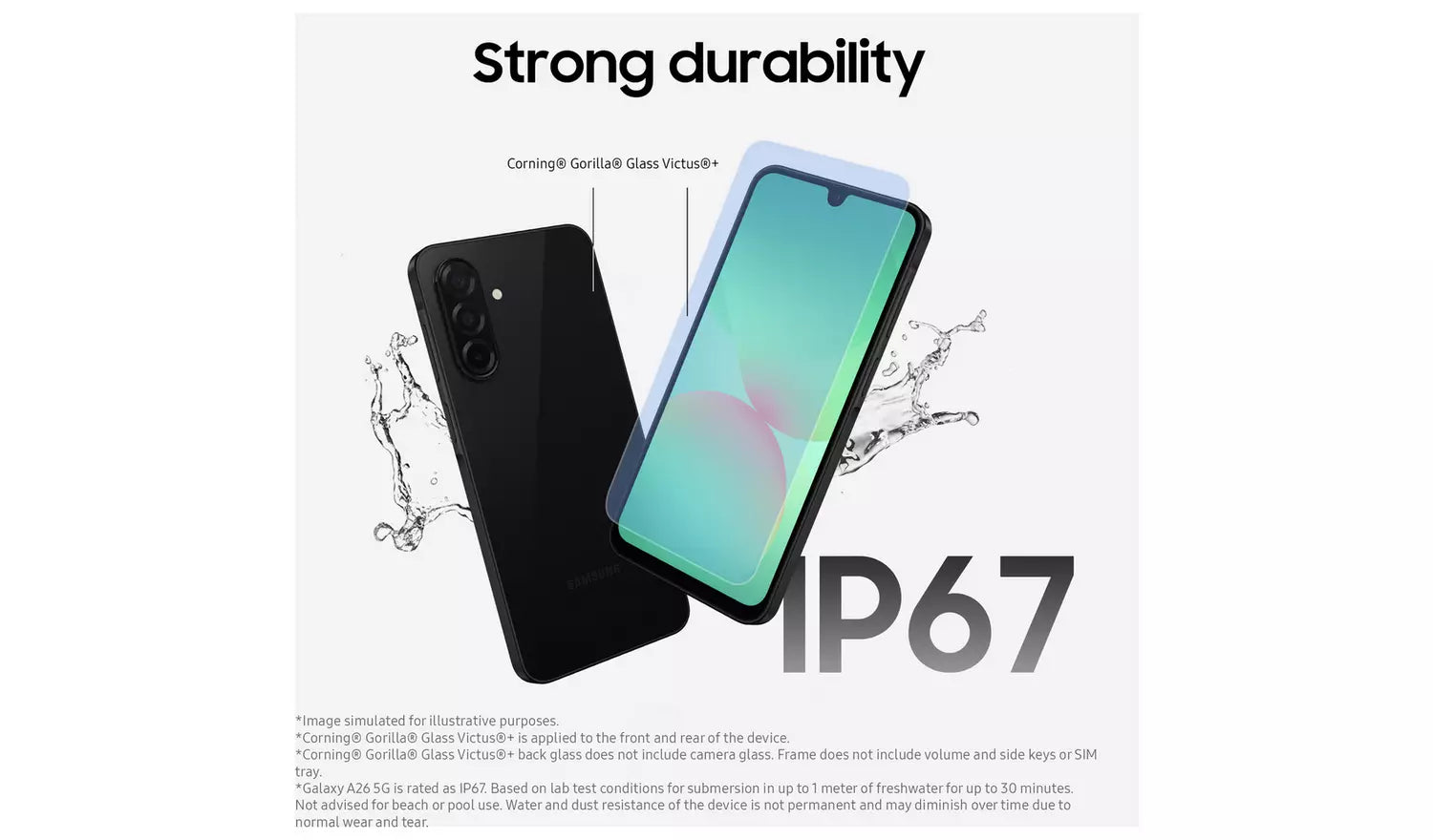 Samsung Galaxy A26 5G phone with front and back, black finish, IP67 durability graphic