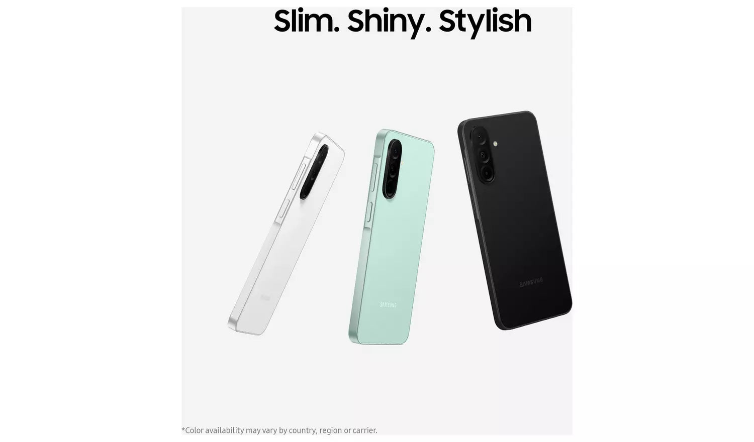 Samsung Galaxy A26 5G phones shown in black, mint, and white