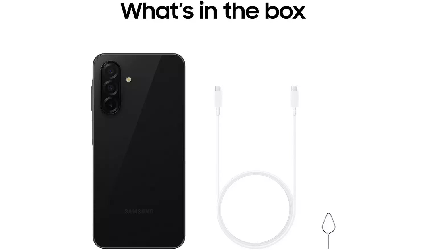 Black Samsung Galaxy A26 5G phone with white charging cable included