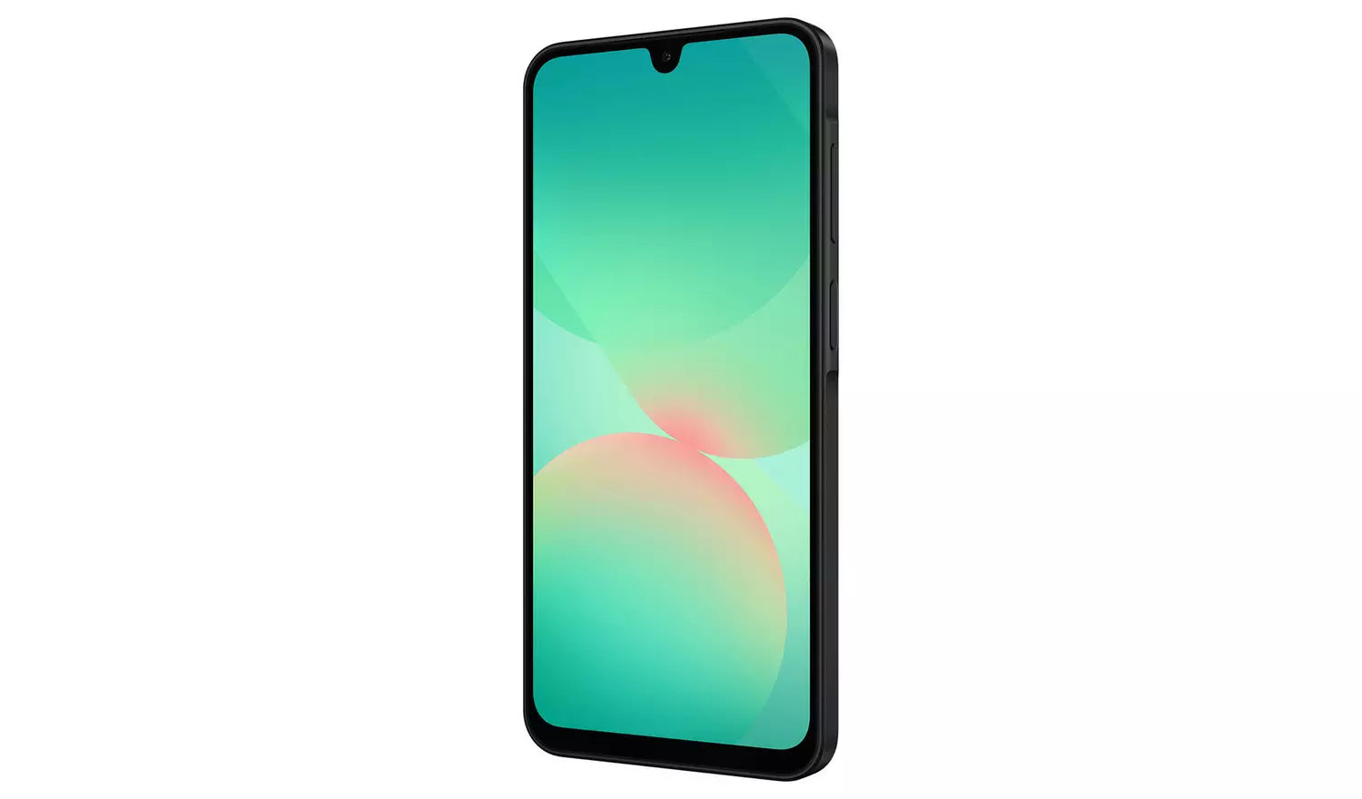 Samsung Galaxy A26 5G black smartphone front view with teal wallpaper