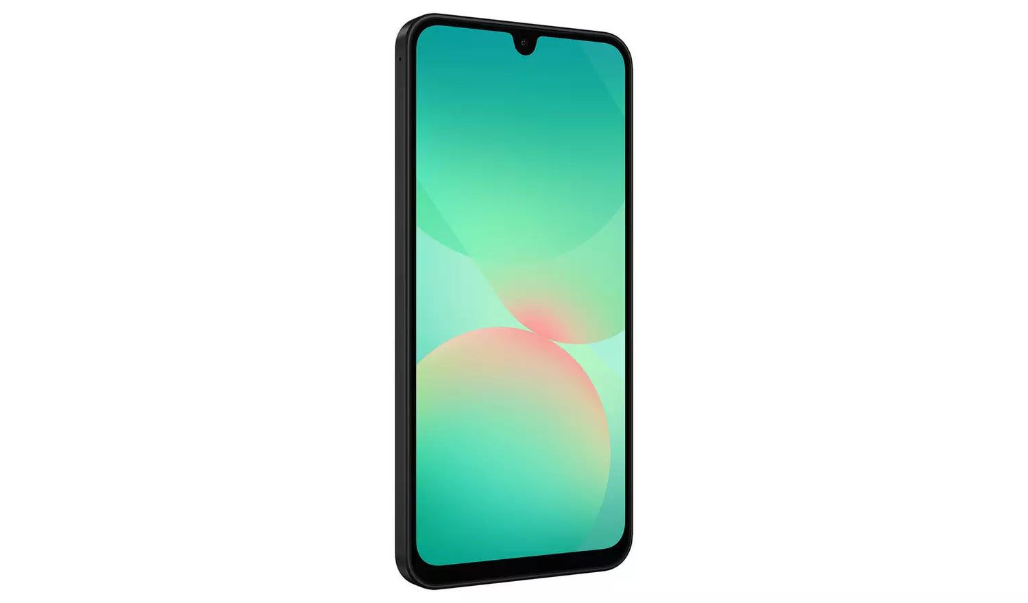 Samsung Galaxy A26 5G black phone front view angled, slim bezel display