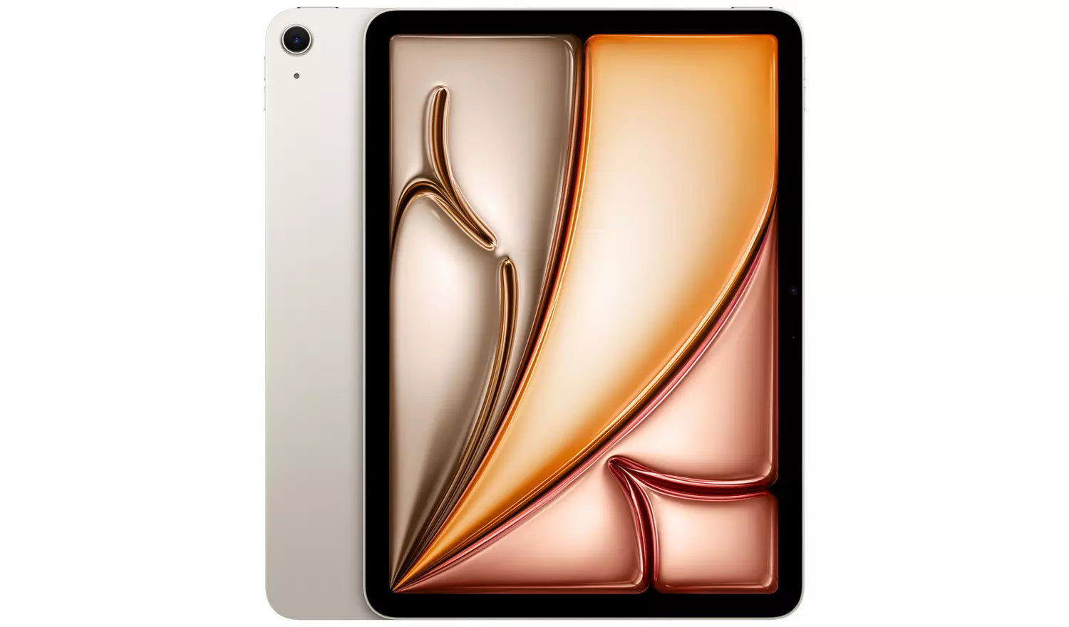 iPad Air front display with orange-gold abstract wallpaper and matching back panel