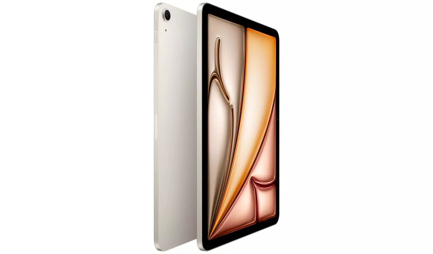 iPad Air front and back shown together with orange-gold abstract wallpaper