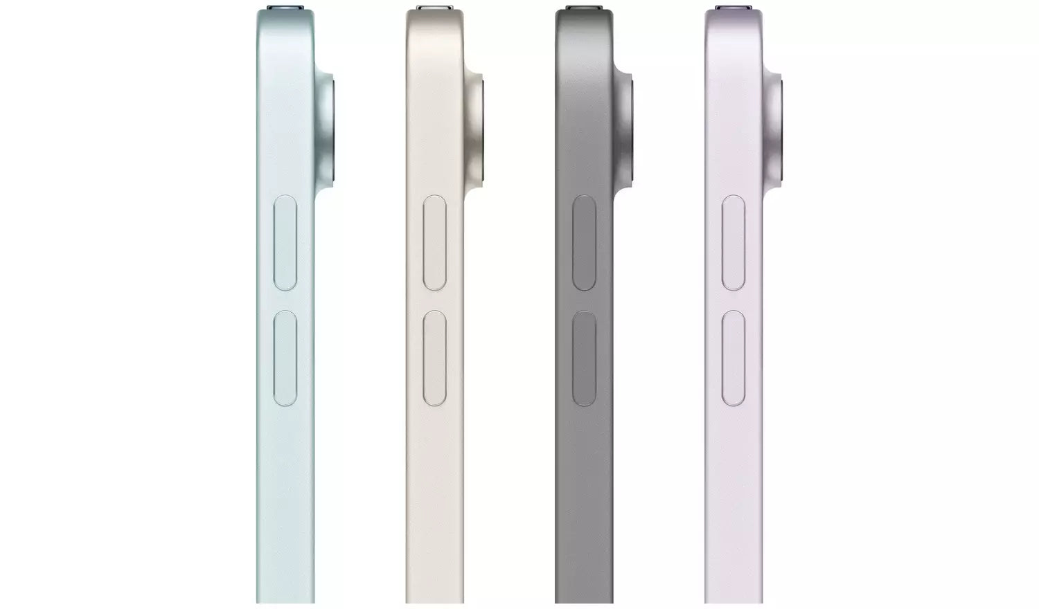 iPad Air color lineup in blue, space grey, starlight, and purple (side profiles)
