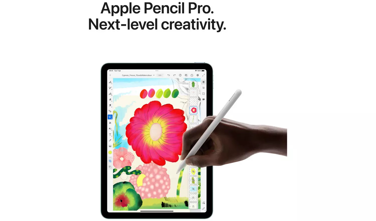 iPad Air 11-inch tablet with stylus writing on a colorful screen