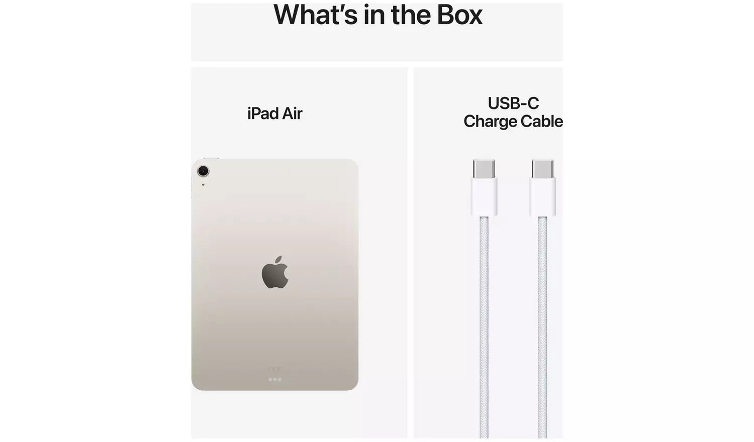 iPad Air and USB-C charge cable shown in box contents