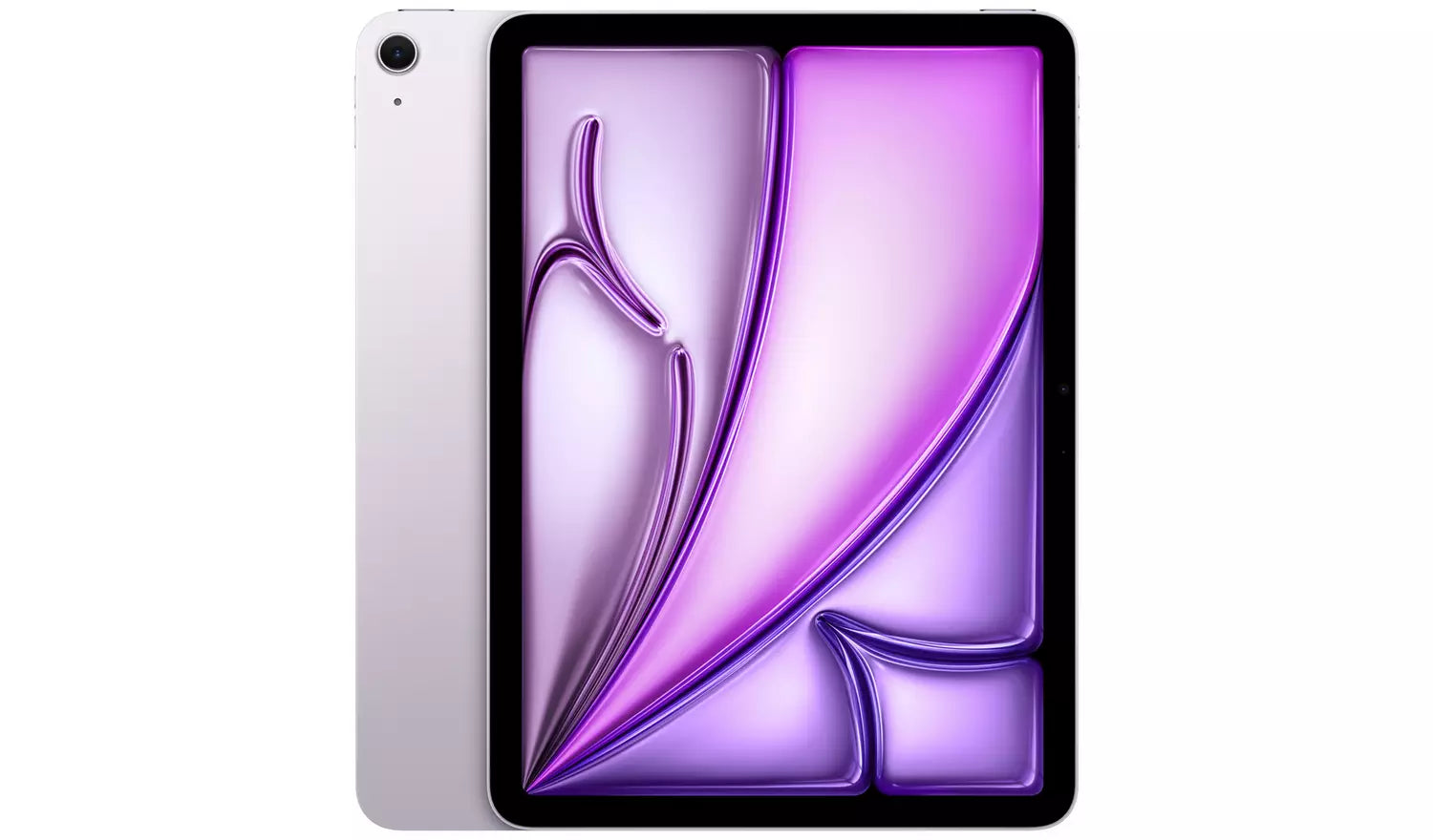 iPad Air tablet front with purple wallpaper and silver back