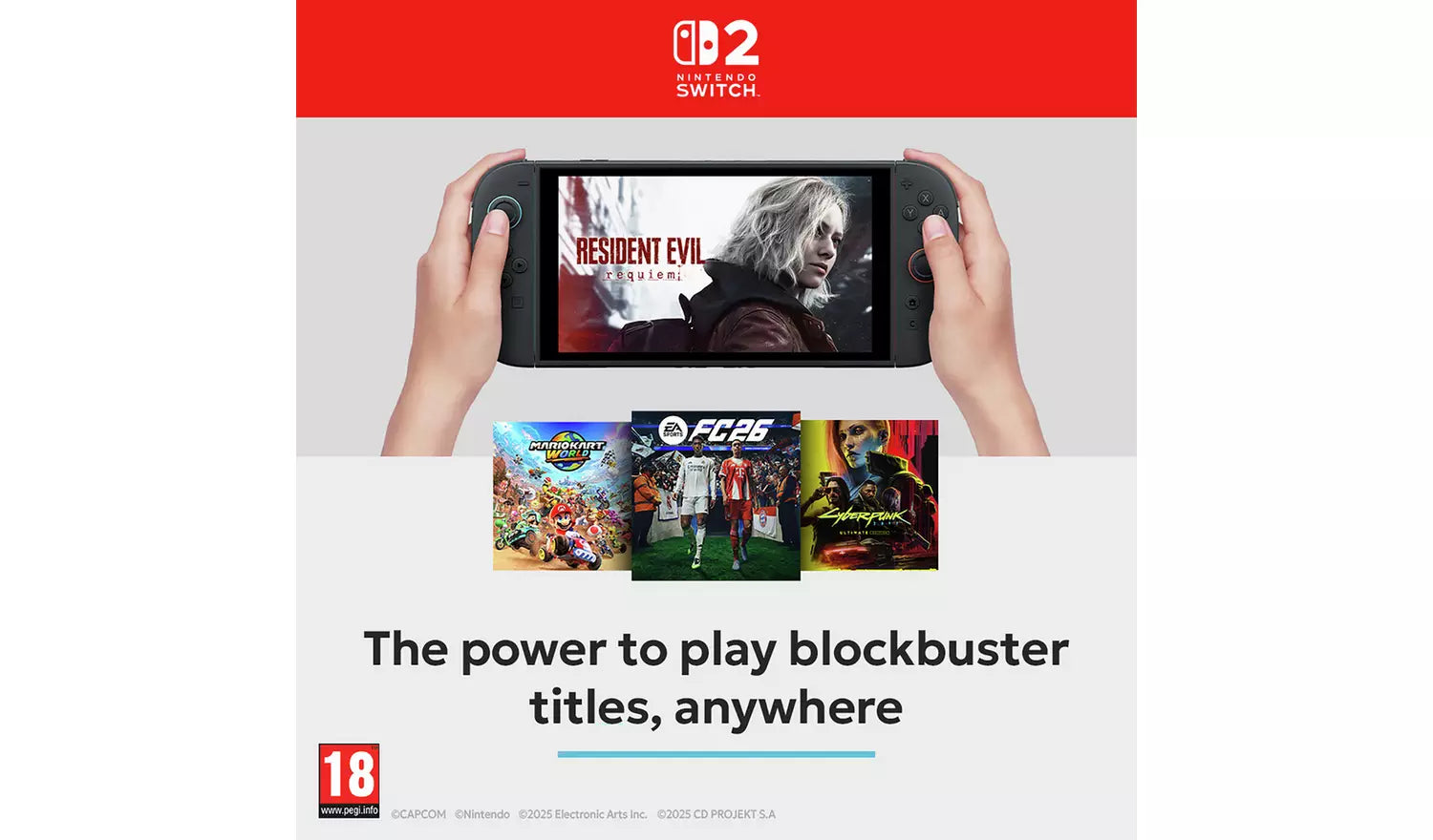 Hände halten Switch 2 Black Handheld mit Joy-Con, Bildschirm mit Game-Art