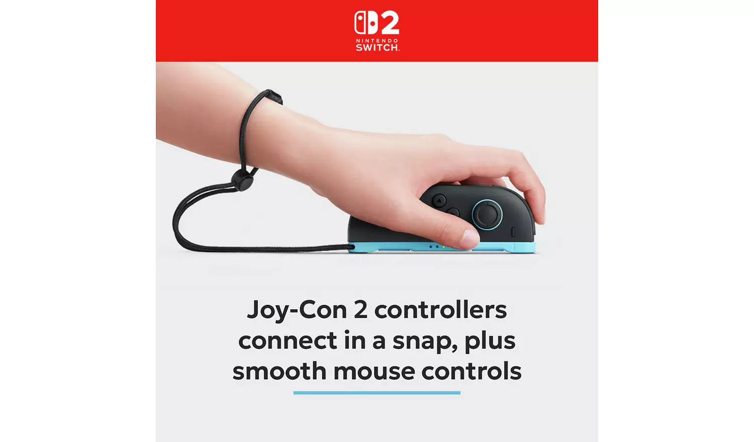 Joy-Con 2 Controller: Hand steckt ihn an; Verbindungsbereich und Knöpfe sichtbar