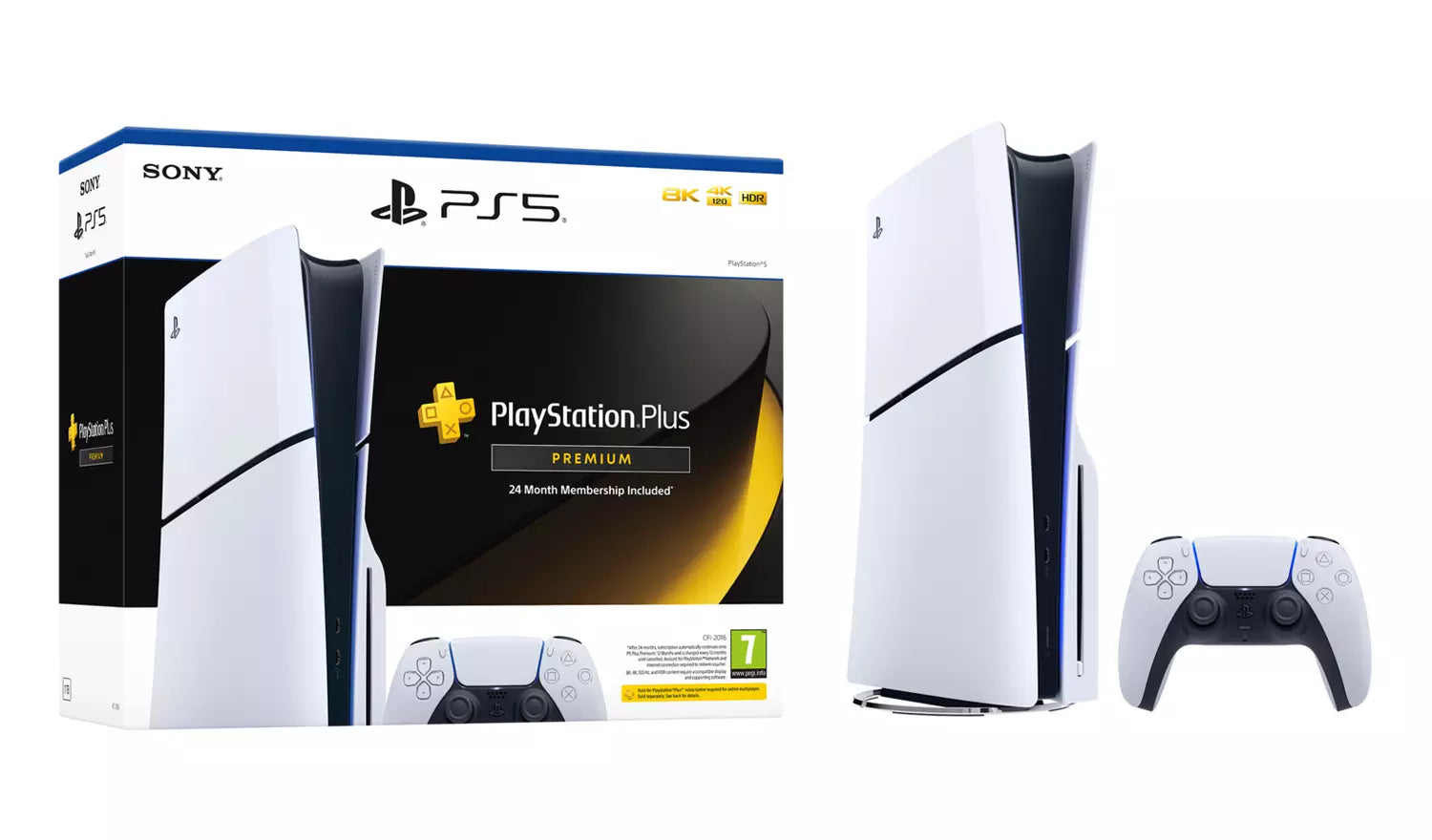 PS5 console bundle: DualSense controller and PS Plus Premium 24‑month membership.