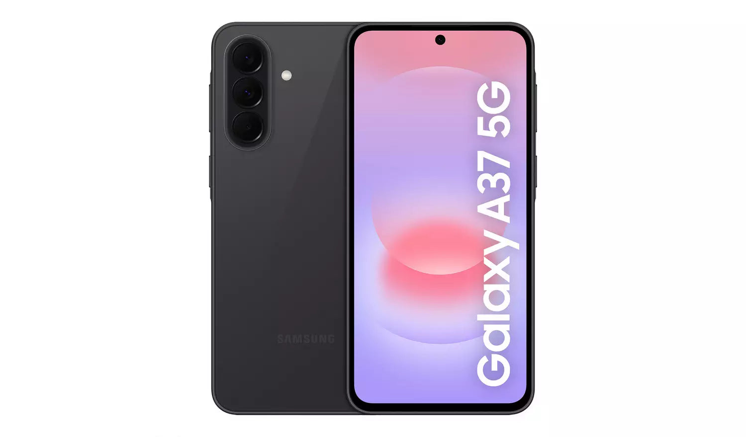 Smartphone Galaxy A37 5G en color carbón con pantalla morada/rosada