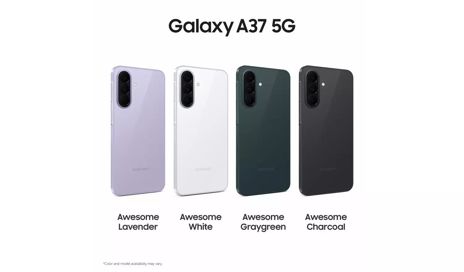 Galaxy A37 5G color options: Lavender, White, Graygreen, Charcoal
