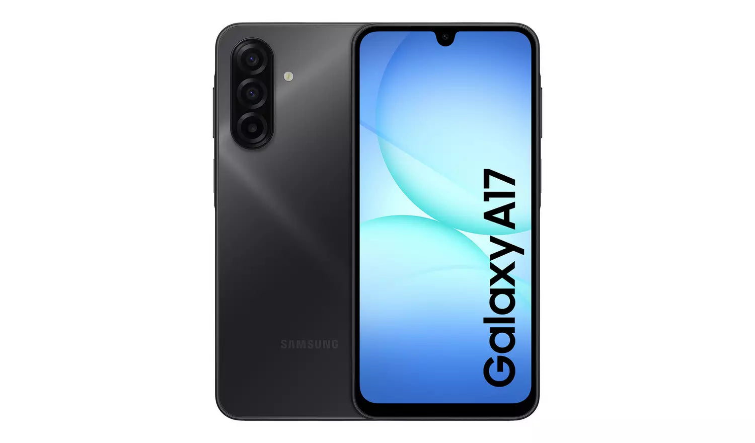 Black Galaxy A17 smartphone with triple rear cameras and 6.7-inch display