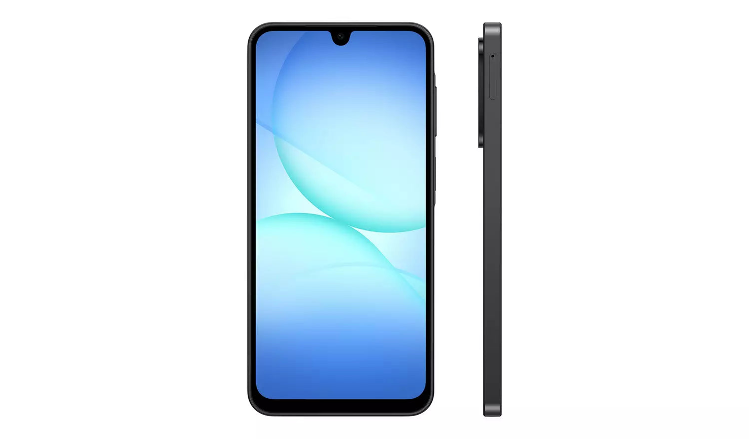 Black Galaxy A17 front view with slim side profile