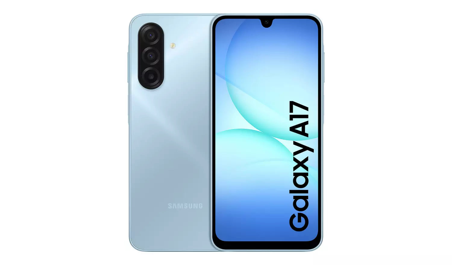 Galaxy A17 4G blue smartphone front view with screen on