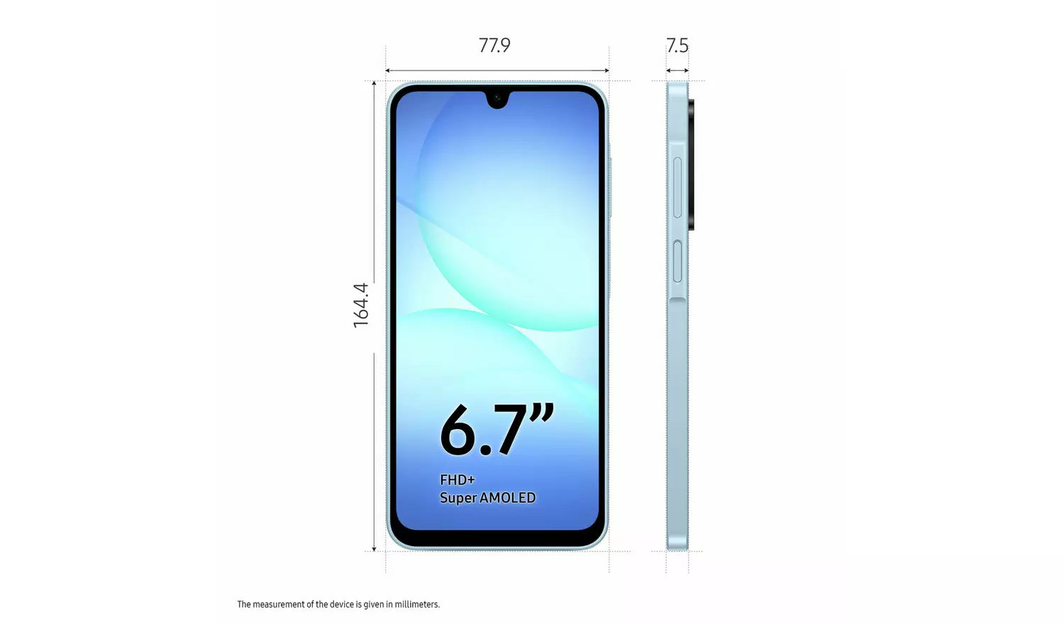 Galaxy A17 4G phone size diagram with front display and side profile