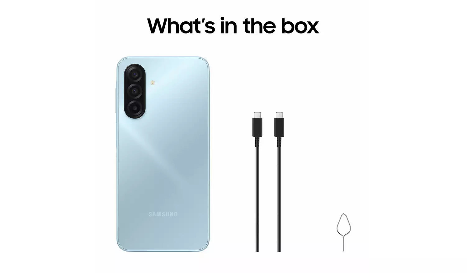 Blue Galaxy A17 4G phone back with charging cable and SIM ejector