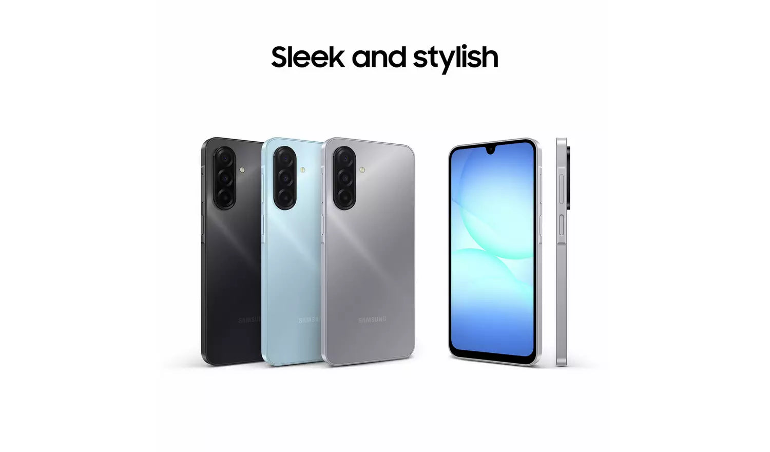 Galaxy A17 4G blue smartphone with other colors shown, plus side view