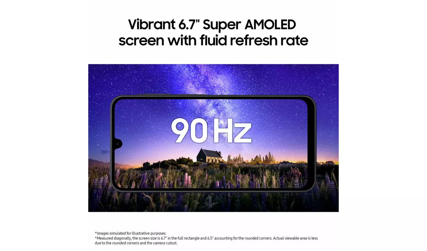 Galaxy A17 4G blue smartphone showing 90Hz 6.7" Super AMOLED display banner