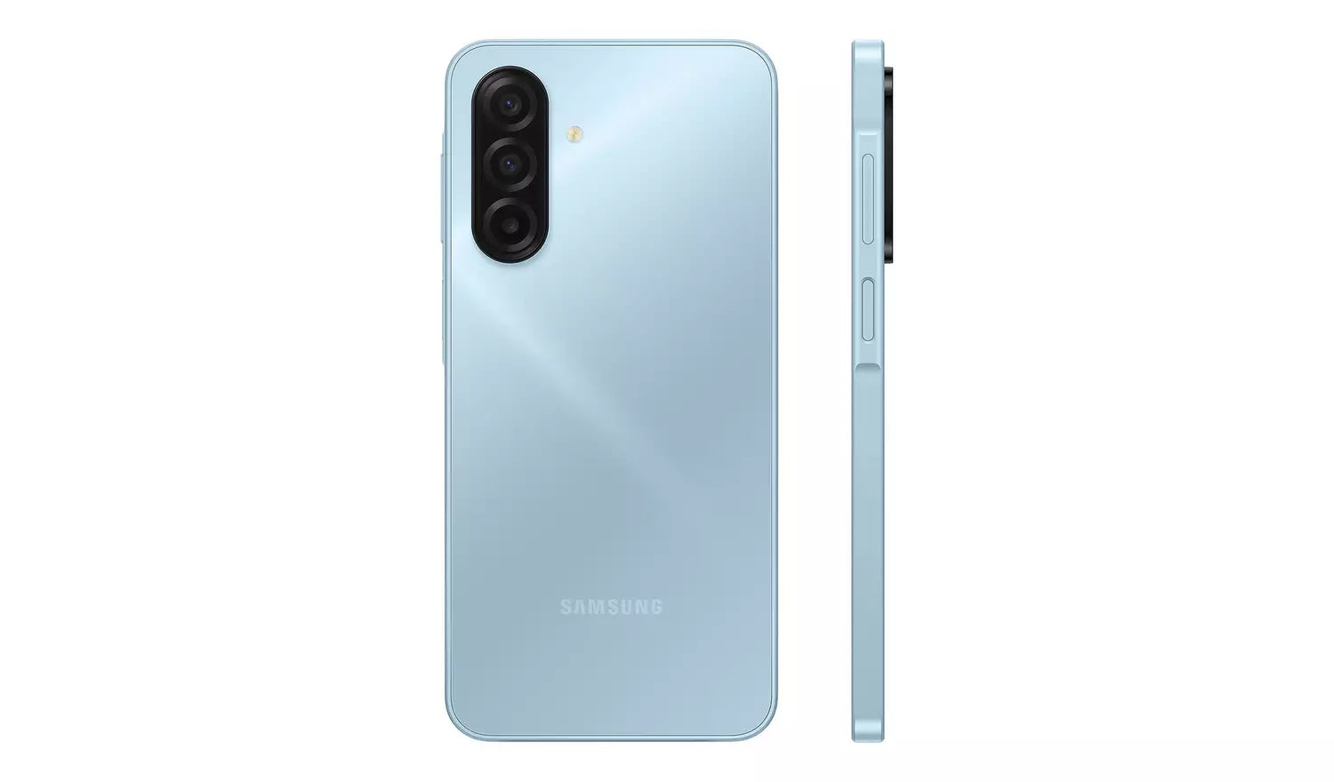 Galaxy A17 4G blue smartphone back and side profile, dual cameras visible