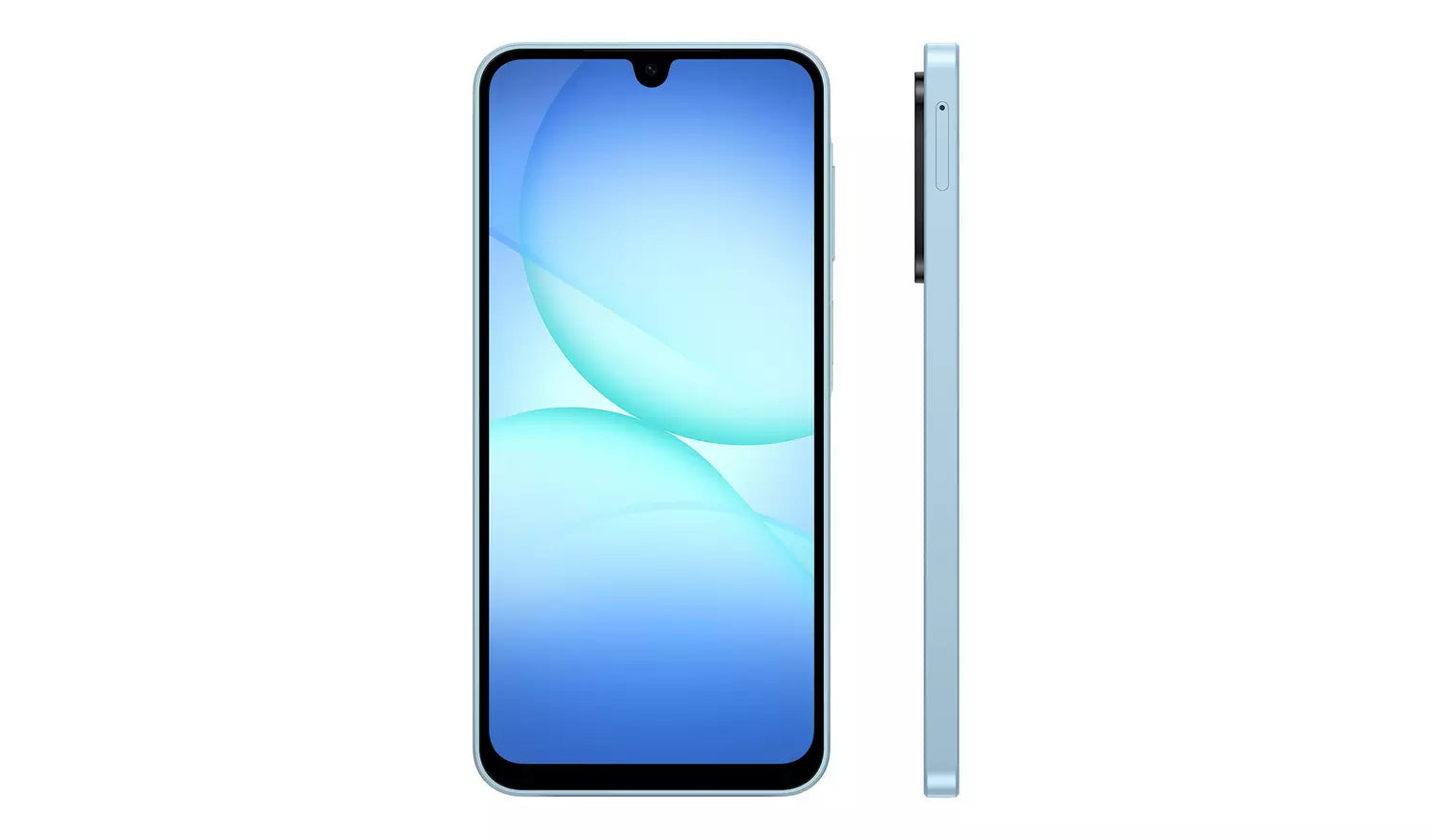 Galaxy A17 4G blue smartphone side profile next to front display