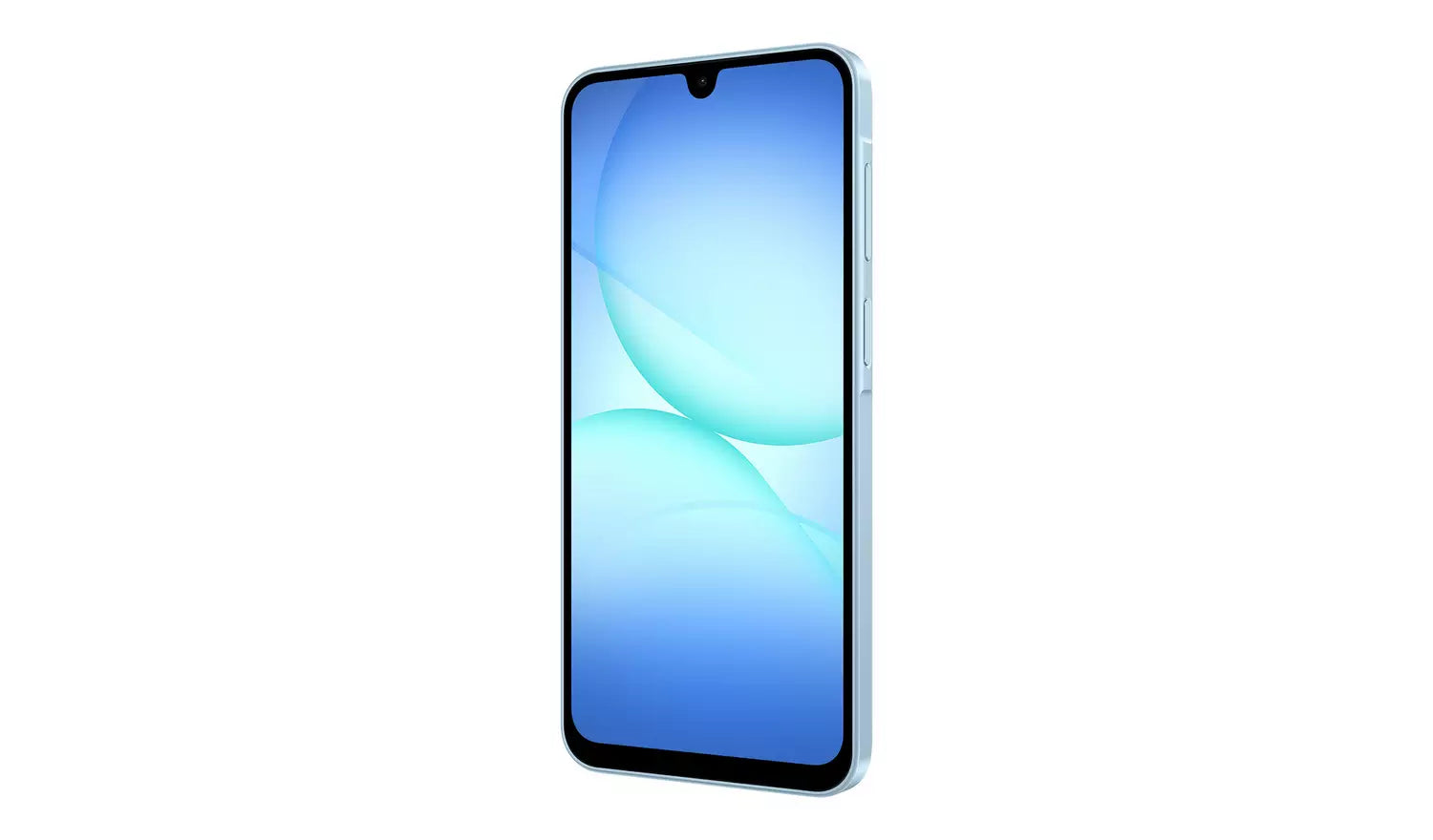 Galaxy A17 4G blue smartphone front view, black bezel and front camera cutout
