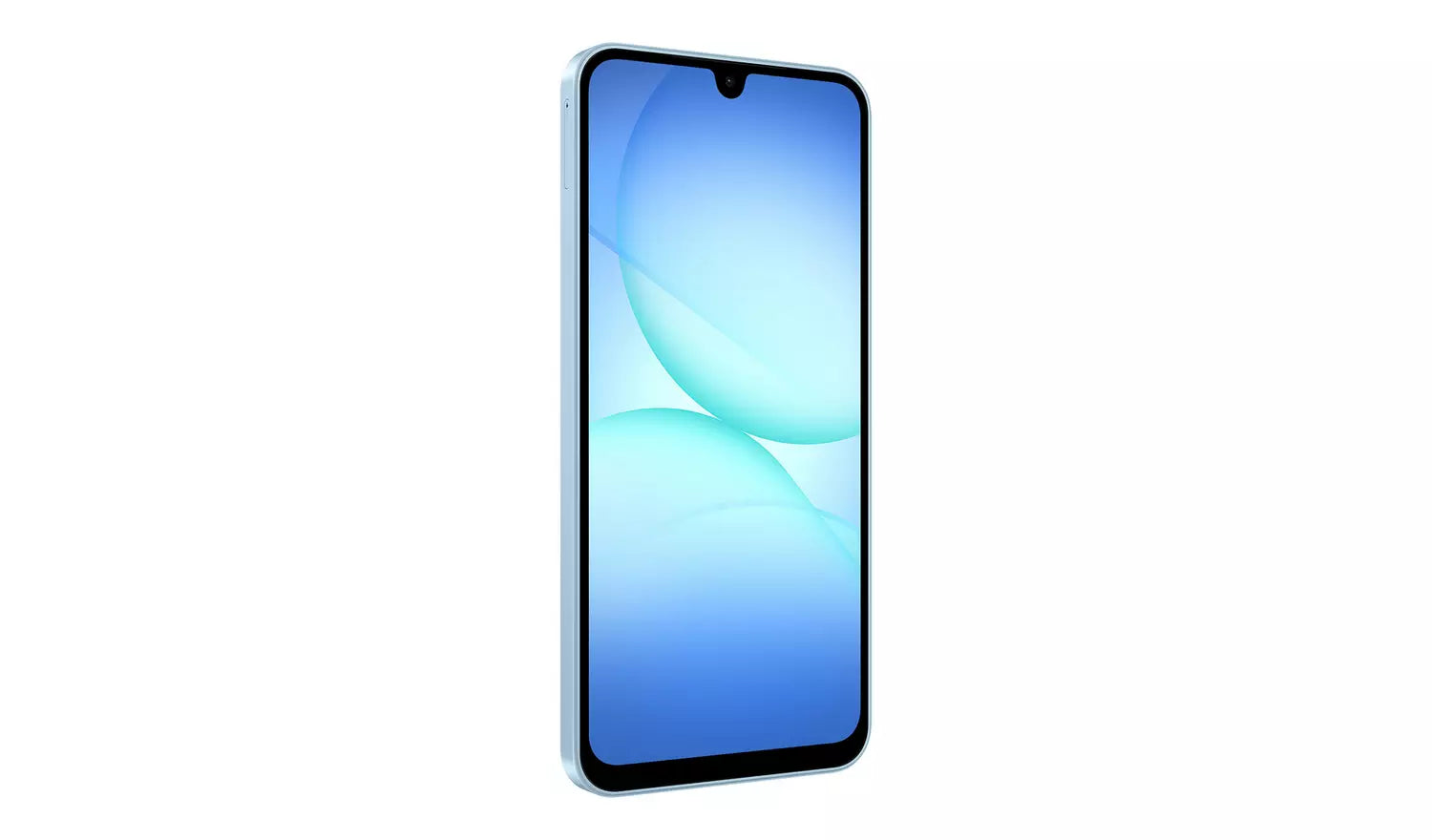 Galaxy A17 4G blue smartphone front view with display on and curved edges