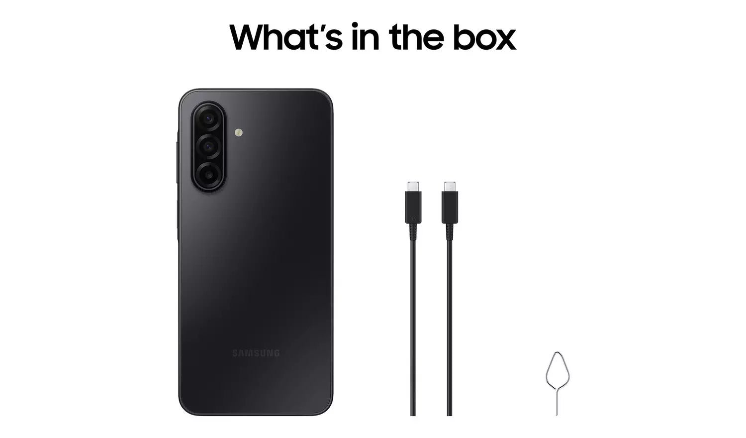 Black Galaxy A17 5G phone with charging cable set and SIM tool