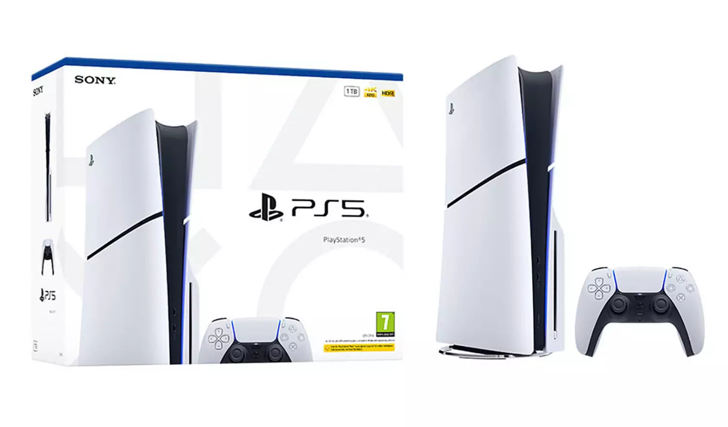 PS5 Slim Disc Console 1TB in white with blue accents, shown with controller
