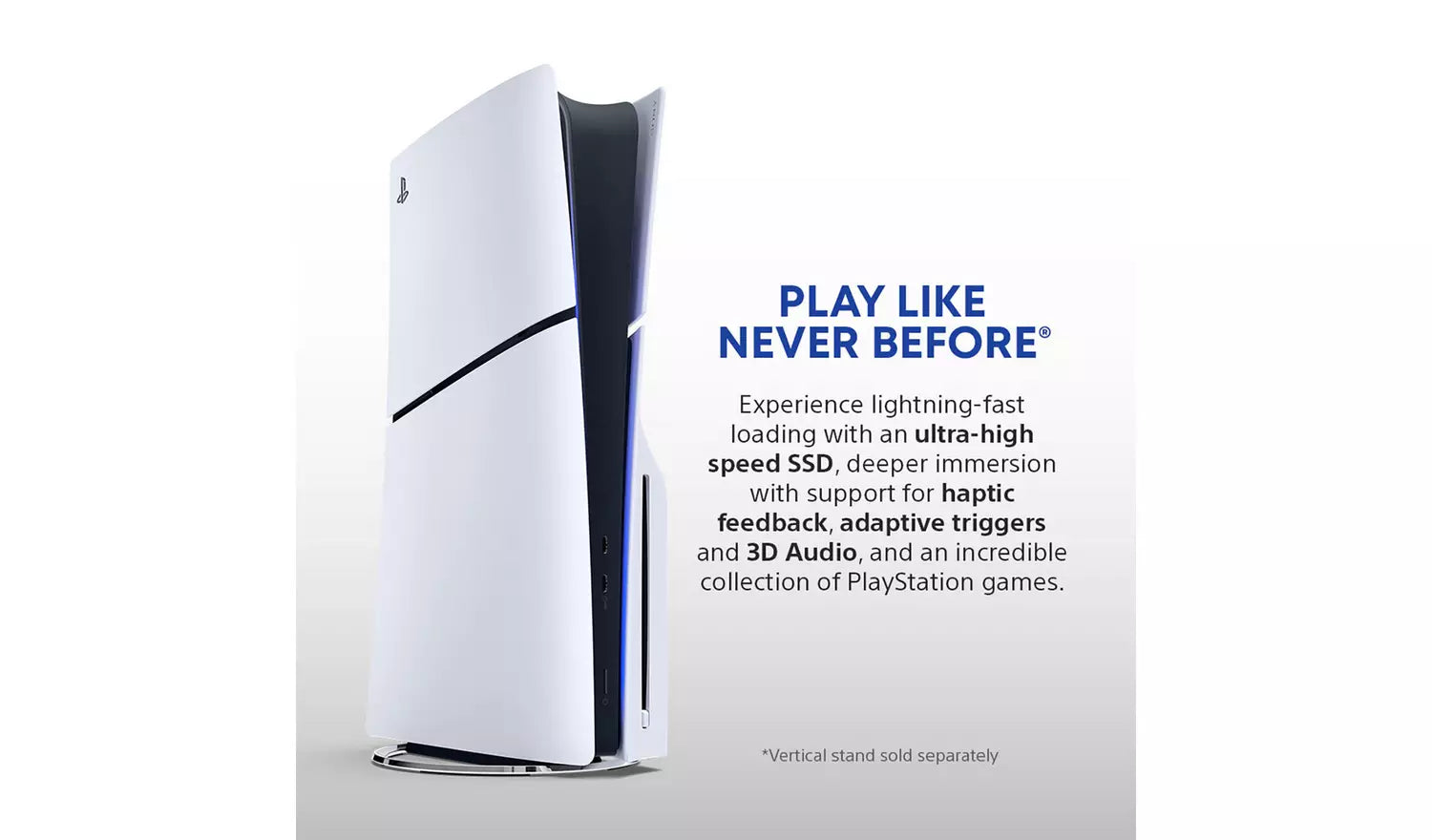 PS5 Slim Disc Console 1TB, white tower design with blue light strip and ports
