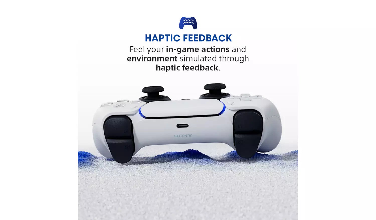 White DualSense controller with black grips and blue light, haptic-focused view