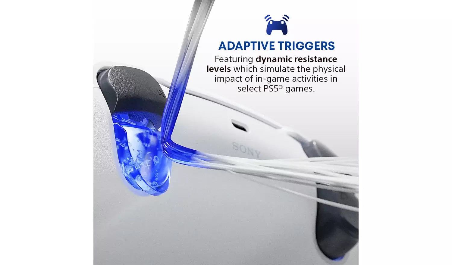 DualSense controller close-up with blue glowing trigger area and white body