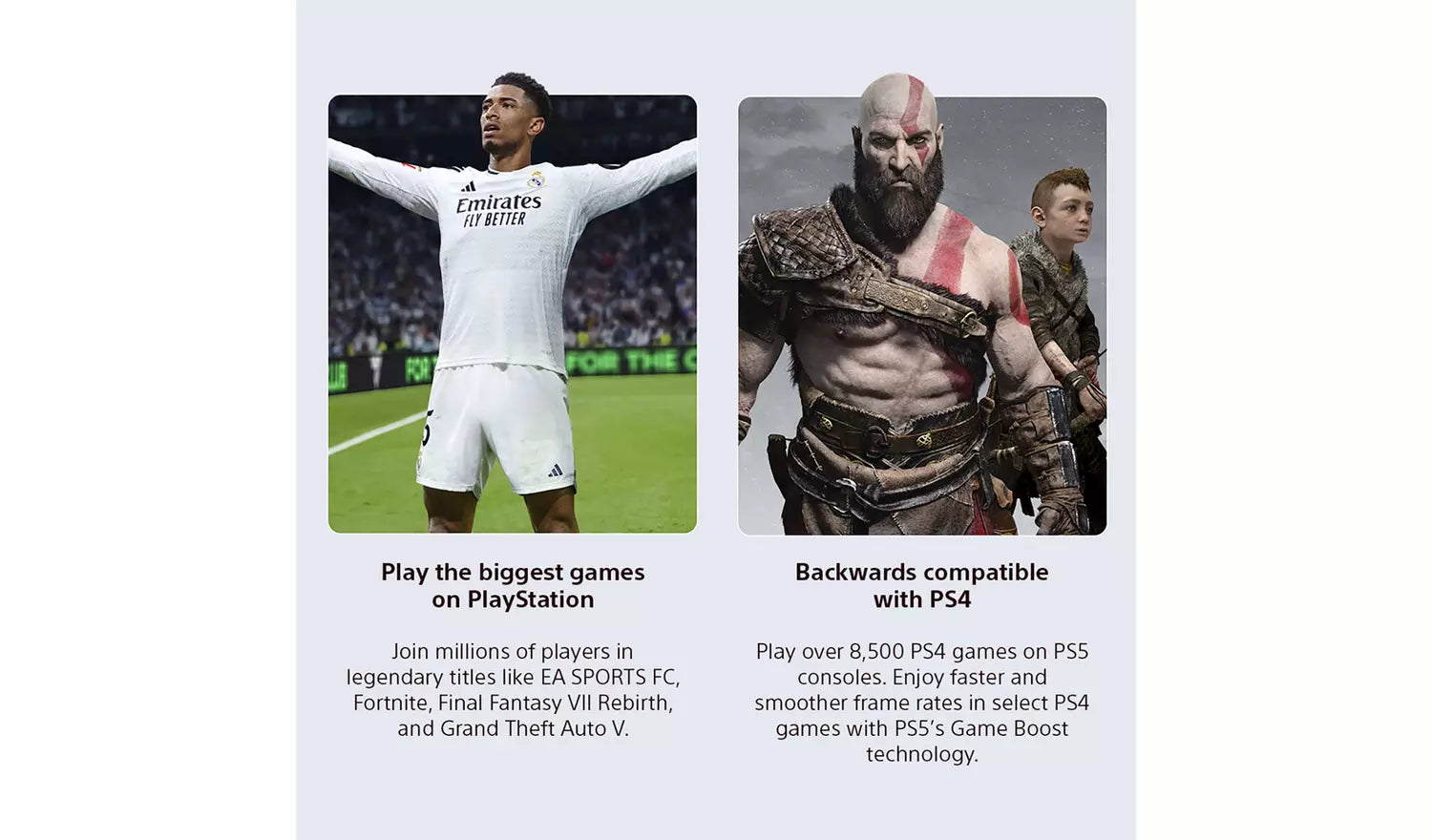 PlayStation feature panel with PS5 game cards and console compatibility text