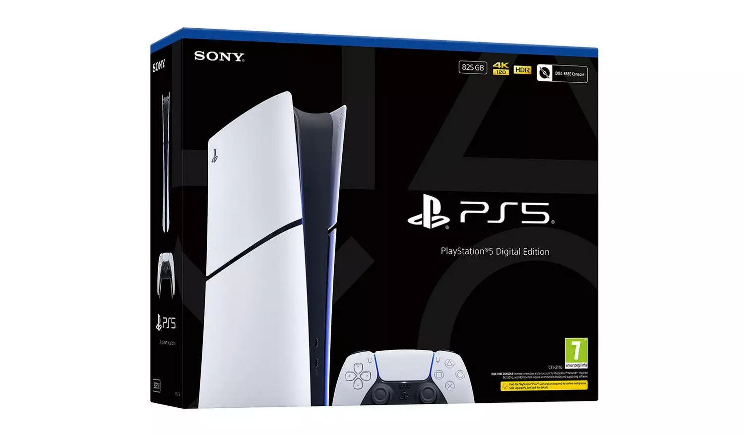 PlayStation 5 Digital Edition Slim 825GB box with console and DualSense controller