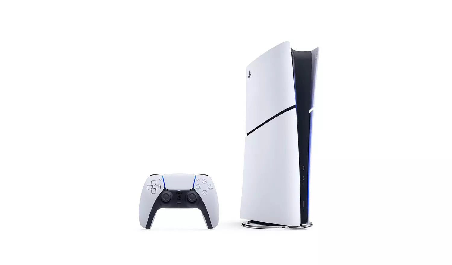 PlayStation 5 Digital Edition Slim 825GB console standing with controller
