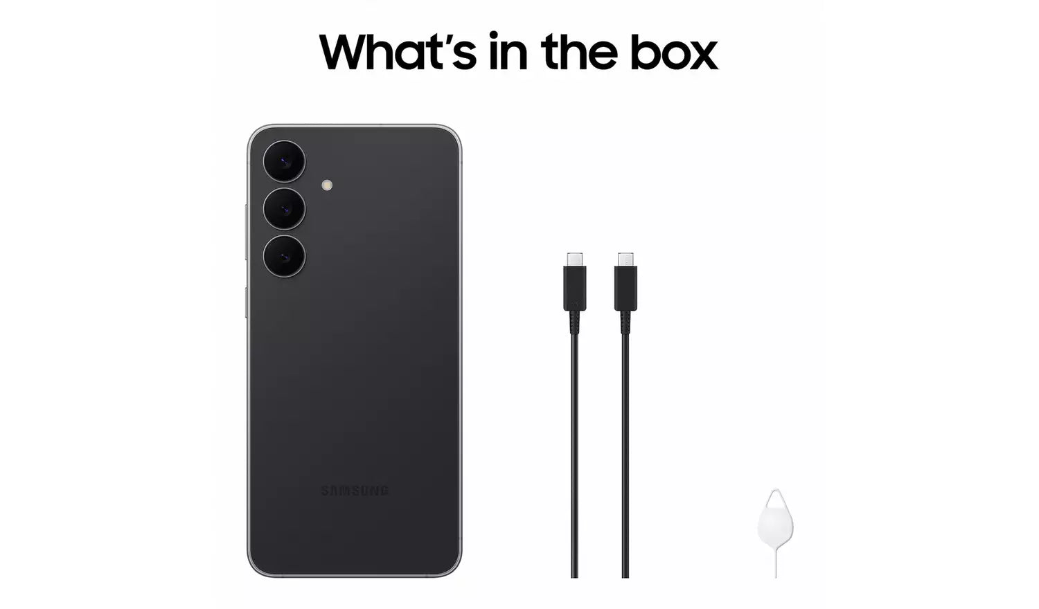 Galaxy S25 FE 5G Jetblack phone back with charging cables and small adapter
