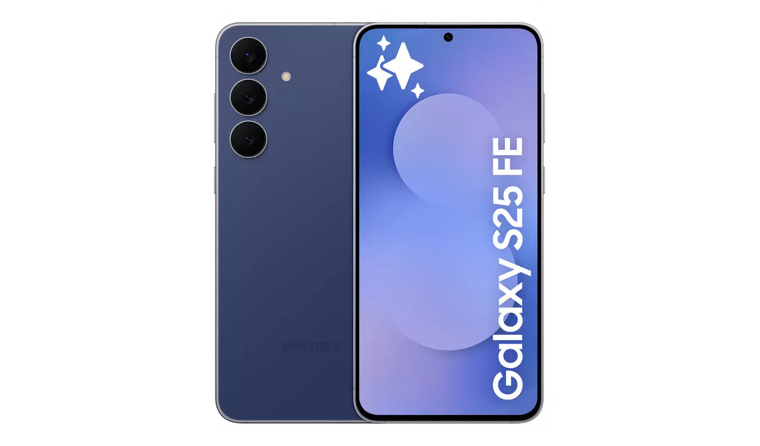 Samsung Galaxy S25 FE 5G icyblue smartphone, front screen on with star icon wallpaper