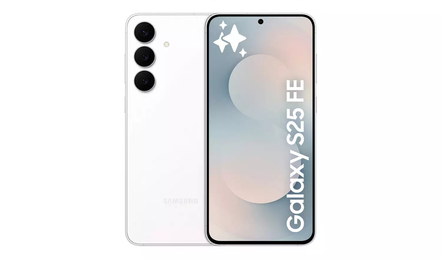 Galaxy S25 FE 5G white smartphone, front display on with star wallpaper
