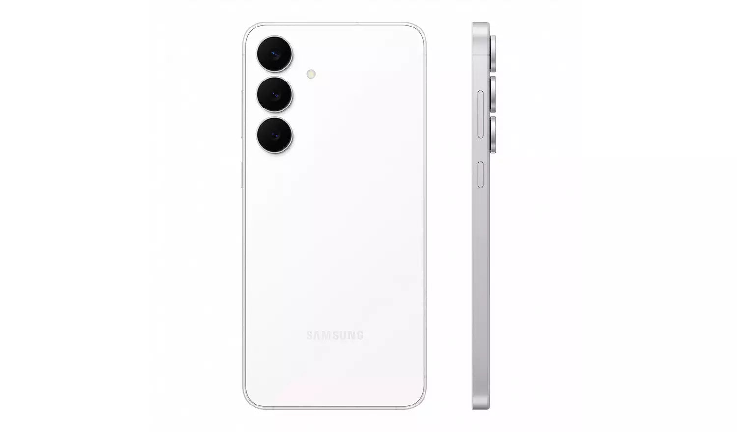 Galaxy S25 FE 5G white phone back and thin side view, triple rear cameras