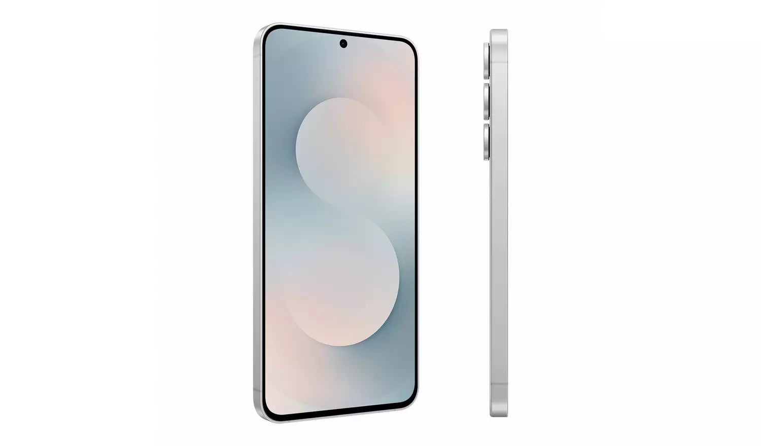 Galaxy S25 FE 5G white front display with thin side profile, buttons visible