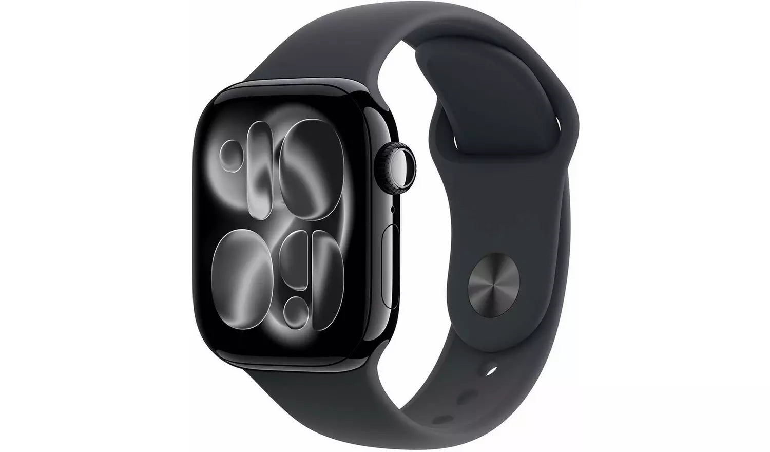 Black smartwatch with sport band, angled side view; digital crown and button visible