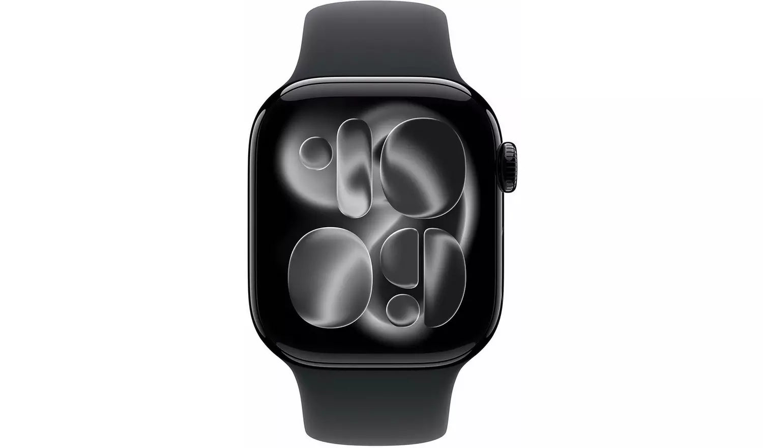 Black smartwatch with sport band, front view; digital crown and side buttons visible