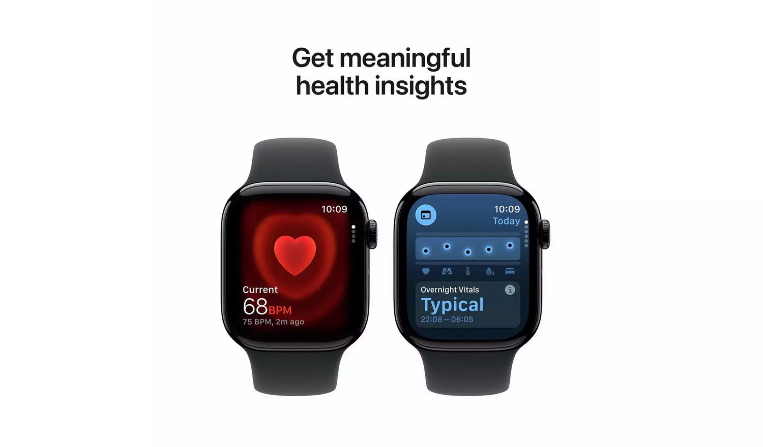 Black smartwatch with sport band showing heart and health metrics on display