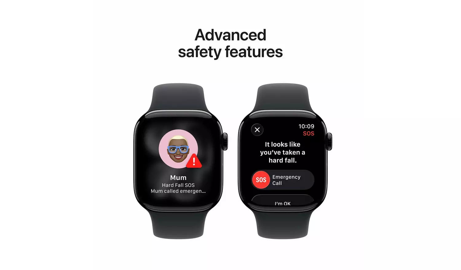 Black smartwatch with sport band showing SOS/emergency screen