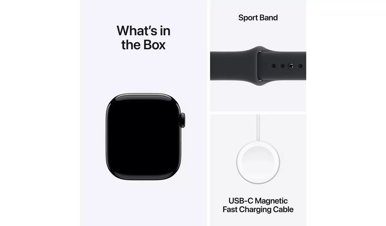 Smartwatch box contents: smartwatch, sport band, and USB‑C magnetic fast charging cable