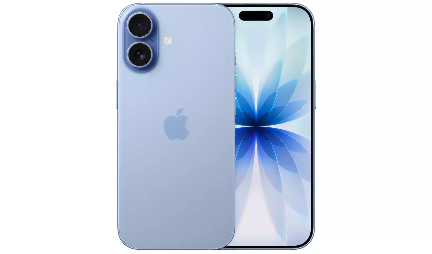 iPhone 17 5G Mist Blue, front and back with dual rear cameras