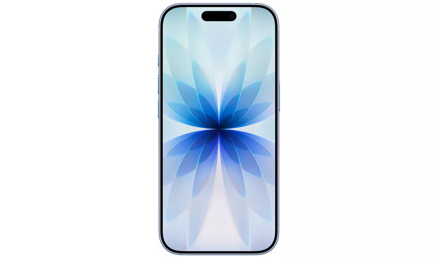 iPhone 17 5G Mist Blue, front view with blue flower-style wallpaper