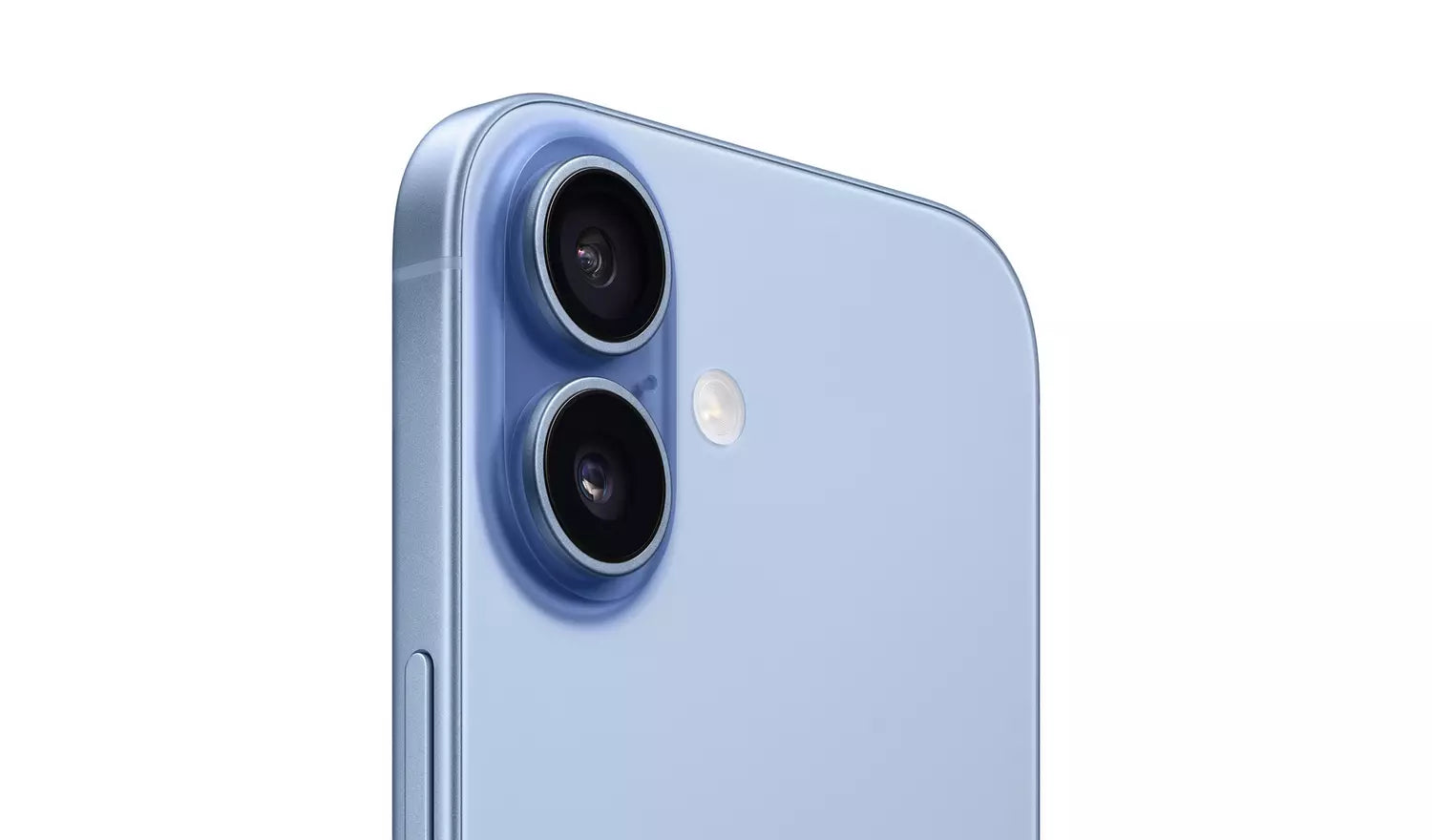 iPhone 17 5G Mist Blue rear close-up, dual cameras and flash