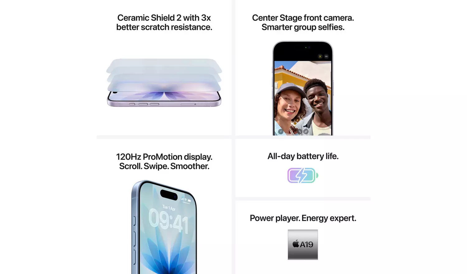 iPhone 17 Mist Blue front display with battery and power icons