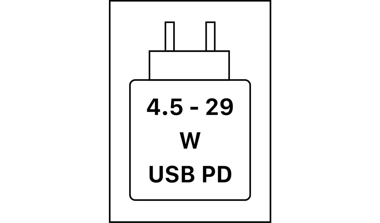 USB‑PD Ladeleistung: 4.5–29 W, mit Stecker-Symbol